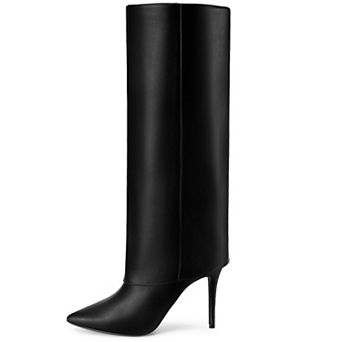 Fold Over Pointed Toe Shark Boot Stiletto Heel Knee High Boots for Women