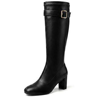 Women's Chunky Heel Round Toe Side Zipper Knee High Boots