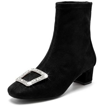 Women's Rhinestone Square Toe Buckle Mid Block Heel Short Ankle Boots