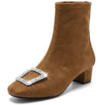 Women's Rhinestone Square Toe Buckle Mid Block Heel Short Ankle Boots