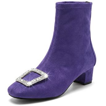 Women's Rhinestone Square Toe Buckle Mid Block Heel Short Ankle Boots
