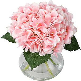 Artificial Hydrangea Flowers with Glass Vase & Faux Water for Home Decor