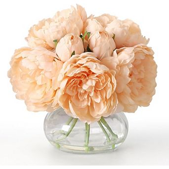 Silk Faux Peony Arrangement in Glass Vase with Faux Water for Home & Wedding