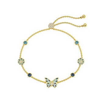 Brilliance 14k Gold Flash Plated Enamel Butterfly & Flower Cubic Zirconia Adjustable Bracelet