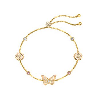 Brilliance 14k Gold Flash Plated Enamel Butterfly & Flower Cubic Zirconia Adjustable Bracelet