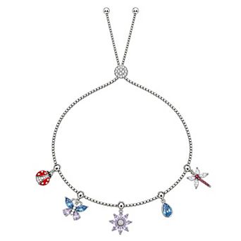 Brilliance Fine Silver Plated Polished Cubic Zirconia Ladybug, Butterfly, Flower & Dragonfly Adjustable Charm Bracelet
