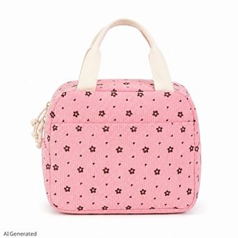 Floral Corduroy Insulated Lunch Tote Bag with Front Pocket and Zip Closure