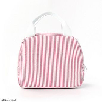 Striped Insulated Lunch Tote Bag with Front Pocket and Zip Closure