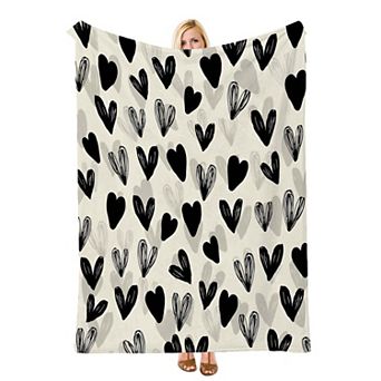 Black Sketch Heart Off White, Printed Flannel Throw Blanket Soft Cozy Blanket for Bed