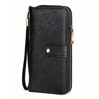 Women's RFID Blocking Floral Embossed Wallet, Large Capacity Zip Card Holder Wristlet for Daily Use