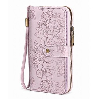 Women's RFID Blocking Floral Embossed Wallet, Large Capacity Zip Card Holder Wristlet for Daily Use