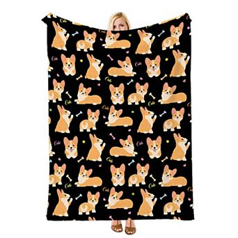 Black Cartoon Corgi Bone, Printed Flannel Throw Blanket Soft Cozy Blanket for Sofa