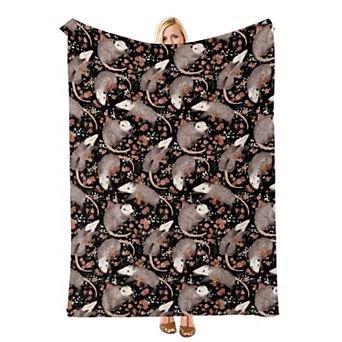 Black Floral Opossum, Printed Flannel Throw Blanket Soft Cozy Blanket for Sofa