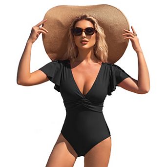 CHARMO Women Deep V Ruffle Short Sleeve Twist Front Tie Back One Piece Swimsuit