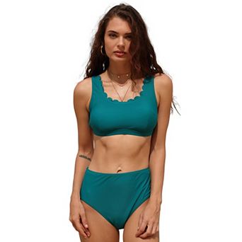 CHARMO Women Scalloped U-Neck Adjustable Strap High Waist 2 pc Bikini Swimsuit Set