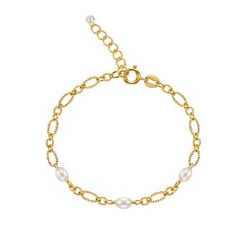 PRIMROSE 14k Gold Flash Plated Textured White Simulated Pearl & Round Cubic Zirconia Oval Link Chain Bracelet