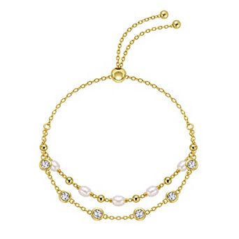 PRIMROSE 14k Gold Flash Plated Cubic Zirconia & White Simulated Pearl Adjustable Bracelet