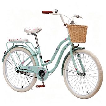 KTMBDW 24 Inch Cruiser Bike for Girls, Single Speed Commuter Bicycle with Wicker Basket & Rear Rack