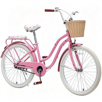 KTMBDW 24 Inch Cruiser Bike for Girls, Single Speed Commuter Bicycle with Wicker Basket & Rear Rack