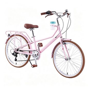 KTMBDW 24 Inch Women's Cruiser Bike,6 Speed Step-Through Commuter Bicycle with Rear Rack, Cup Holder