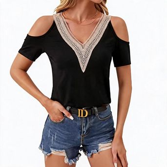 Women's Lace V-Neck Short Sleeve Loose Off-Shoulder T-Shirt