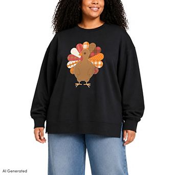 Plus Size Patchwork Turkey Oversized Fleece Crew Sweatshirt