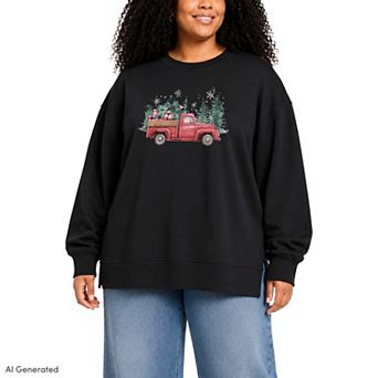Plus Size Vintage Red Truck Christmas Tree Oversized Fleece Crew Sweatshirt