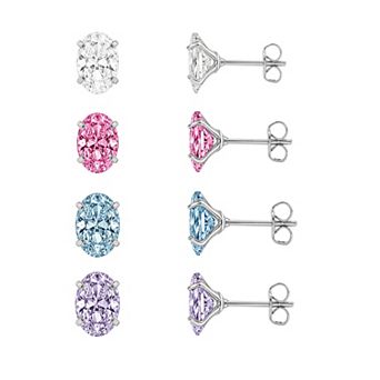 PRIMROSE Fine Silver Plated Polished Multi-Color Oval Cubic Zirconia 4-Pair Stud Earrings Set
