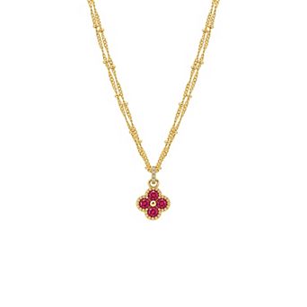 PRIMROSE 14k Gold Flash Plated Fuchsia Cubic Zirconia Beads Station Curb Double Chain Clover Curb Pendant Necklace
