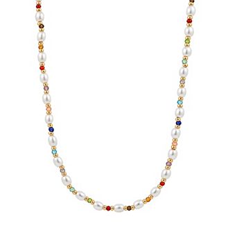 PRIMROSE 14k Gold Flash Plated Polished White Simulated Pearl Multi Color Gemstone Bead Necklace