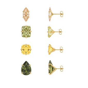 PRIMROSE 14k Gold Flash Plated Multi Cubic Zirconia 4-Pair Stud Earrings Set