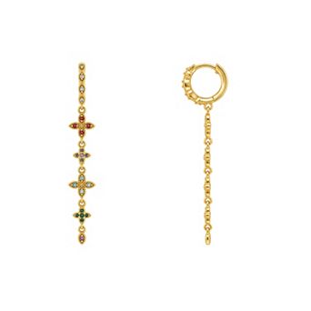 PRIMROSE 14k Gold Flash Plated Milgrain Round Bezel Set Multi Color Cubic Zirconia Flower Linear Drop Hoop Earrings