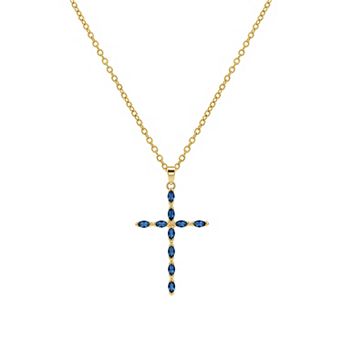 PRIMROSE 14k Gold Flash Plated Marquise Simulated Sapphire Cross Pendant Cable Chain Necklace