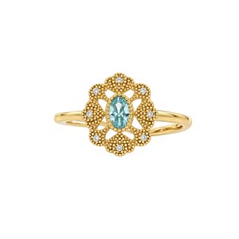 PRIMROSE 14k Gold Flash Plated Oval Bezel Set Aqua Cubic Zirconia Milgrain Flower Ring