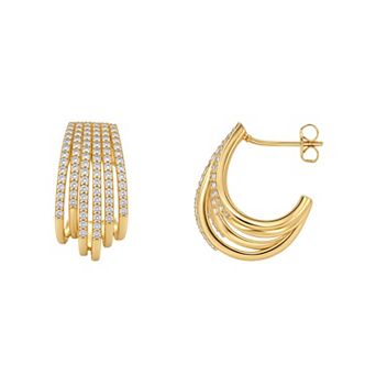 PRIMROSE 14k Gold Flash Plated Round Pave Cubic Zirconia Multi Row C Hoop Earrings
