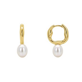 PRIMROSE 14k Gold Flash Plated Polished White Simulated Pearl Organic Hoop Earrings