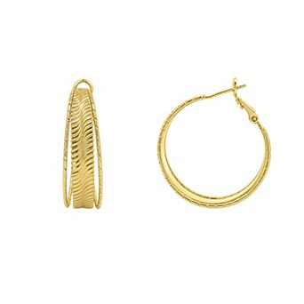 PRIMROSE 14k Gold Flash Plated Polished Textured Flat Hoop Earrings