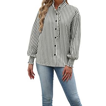 Zeagoo Women's Vertical Stripe Ruffle Stand Collar Long Sleeve Button Front Women Shirt