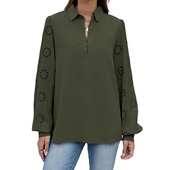 Zeagoo Women's Collared Eyelet Embroidery Sleeve Half Button Long Sleeve Woven Pullover Shirt