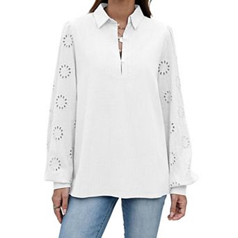 Zeagoo Women's Collared Eyelet Embroidery Sleeve Half Button Long Sleeve Woven Pullover Shirt