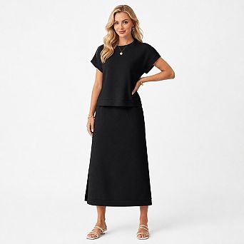 Womens 2 pc Summer Casual Wrinkle Free Top And Maxi Skirt Set With Pockets