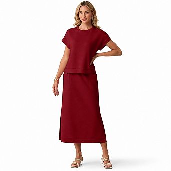 Womens 2 pc Summer Casual Wrinkle Free Top And Maxi Skirt Set With Pockets
