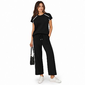 Womens 2 pc Cap Sleeve Tops Wide Leg Pants Casual Travel Outfit Set