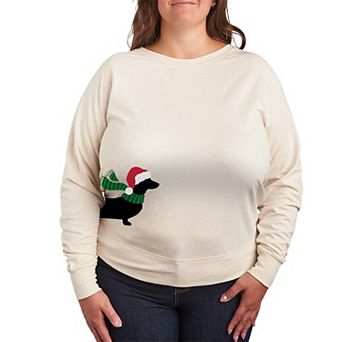 Plus Size Dachshund Santa Hat & Scarf French Terry Long Sleeve Tee