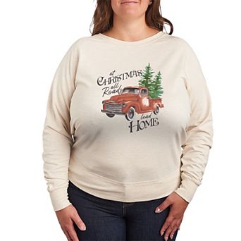 Plus Size “At Christmas All Roads Lead Home” Vintage Red Truck French Terry Long Sleeve Tee