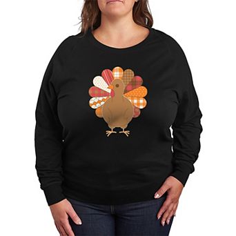 Plus Size Patchwork Turkey Thanksgiving French Terry Long Sleeve Tee