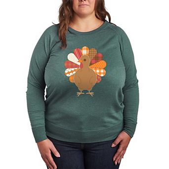 Plus Size Patchwork Turkey Thanksgiving French Terry Long Sleeve Tee