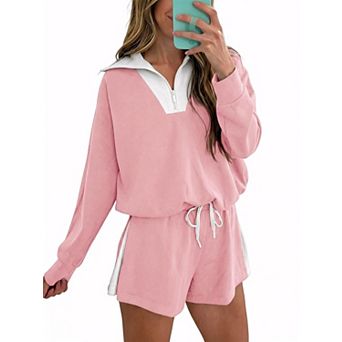 Womens 2 pc Quarter Zip Long Sleeve Shorts Lounge Workout Set