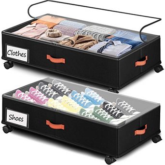 Set of 2 Under Bed Storage Bins with Wheels Clear Rolling Underbed Organizers