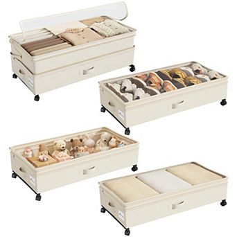 4-Pack Height Adjustable Under Bed Storage With Wheels Clear Window Label